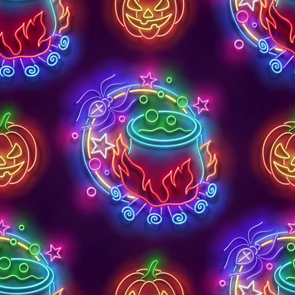 Płynny Wzór Miksturą Kotle Wiedźmy Dyniach Nastrój Halloweenowy Neonowa Lekka Grafika Wektorowa