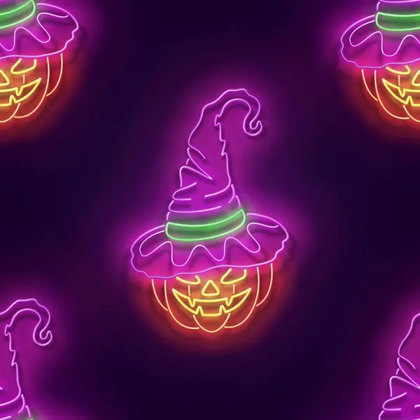 Nahtloses Muster Mit Glühendem Hexenkürbis Hut Halloween Stimmung Neon Light — Stockvektor