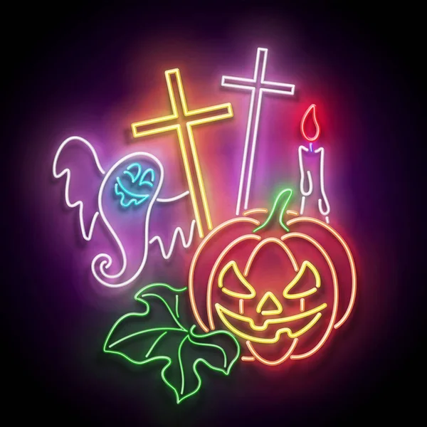 Glühen Sie Halloween Grußkarte Mit Hexenkürbis Kreuzen Kerzen Und Geist — Stockvektor