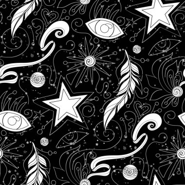 Kusursuz Renksiz Mistik Kozmik Deko elementleri. Göz, Tüy, Yıldız ve Boncuklar. Estetik Gerçeküstü Böcek. Fütürist soyut kavram. Vector Contour Siyahlar Üzerine Çizim. Renk Kitabı