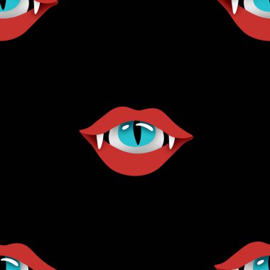 Psikodelik Yazılı Kusursuz Desen Vampir Titreşimli, Ağızdaki Göz. Siyahta Gerçeküstü Tasarım. Lekeli Pop Art Çizgi Film Tarzı. Sonsuz doku. Vektör 3d Görüntü
