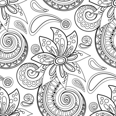 Paisley Çiçeği, Doğa İlham Veren Tasarım Elementi ile Folklorik Kusursuz Desen. Soyut Düzen 'i süsleyin. Kumaş, Duvar Kağıdı vb. için Sonsuz doku. Vektör İllüstrasyon Renklendirme Kitabı Sayfası