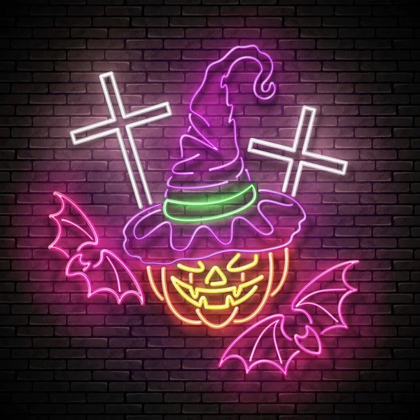 Glühen Sie Halloween Grußkarte Mit Hexenkürbis Kreuzen Und Fledermäusen Postkarte Vektorgrafiken