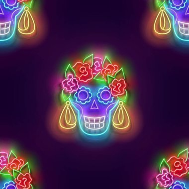 Parlak Kafatası ve Catrina Calavera ile kusursuz bir desen. Dia de Los Muertos, Ölüler Günü. Neon ışığı dokusu, imza tahtası. Parlak Arkaplan. Vektör 3d Görüntü