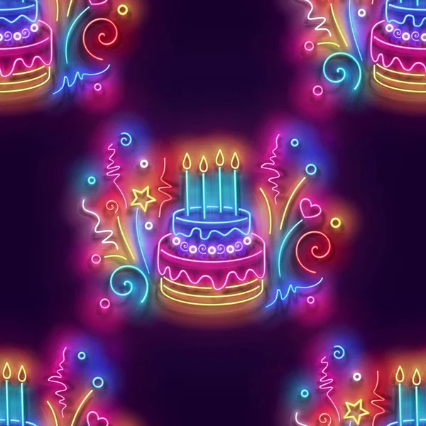 光彩夺目的无缝隙花纹节日蛋糕配上蜡烛和意粉 生日快乐和节日派对气氛 霓虹灯纹理 标志板 光滑的背景 矢量3D说明 免版税图库矢量图片
