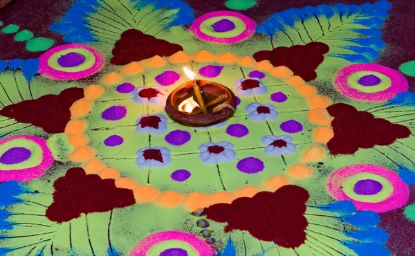 Verlichte Rangoli Decoratie Tijdens Diwali Viering India — Stockfoto