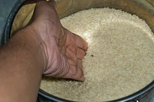 Dipping Fingers Bucket Basmati Rice — Stock Photo, Image