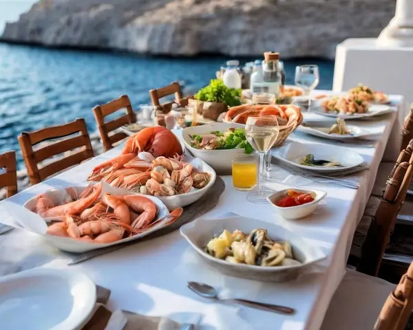 Seafood dinner, food on the table, wine, a candle overlooking the sea in Greece, shrimp, squid, fruit.