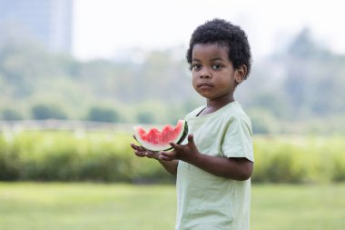 The black boy was holding a large, ripe watermelon on hands, a bright smile on his face as he eagerly showed it off to his friends.