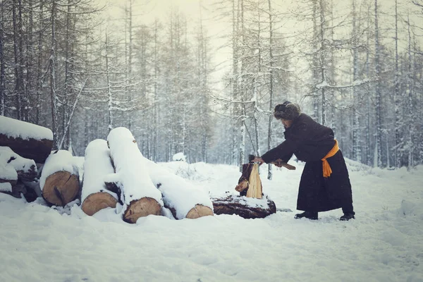 Tsagaannuur Hovsgol Mongoliet Januari 2023 Ved Utmärkt Värmekälla Vintern Brinnande — Stockfoto