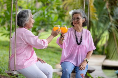 Taze portakal suyunun keyfini çıkaran iki yaşlı kadın yemyeşil bir bahçede salıncakta sallanıyor, gülüyor ve güneşli bir günde neşeli bir anı paylaşıyorlar.
