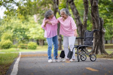 Parkta Birlikte Yürüyen İki Yaşlı Kadın, Bir Tekerlekli Sandalyenin Yanında Yardımcı Olmak, Parlak Bir Gün 'de Bakım, Destek ve Arkadaşlık Gösterisi