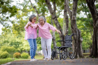 Parkta Birlikte Yürüyen İki Yaşlı Kadın, Bir Tekerlekli Sandalyenin Yanında Yardımcı Olmak, Parlak Bir Gün 'de Bakım, Destek ve Arkadaşlık Gösterisi
