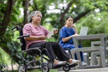 Elderly woman in a wheelchair expressing concern during a conversation, while a nurse looks on, in a serene outdoor setting. clipart