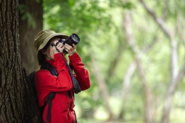 Kırmızı Ceketli Fotoğrafçı Yeşil Ormandaki Kamerayla Doğanın Güzelliğini Yakalıyor