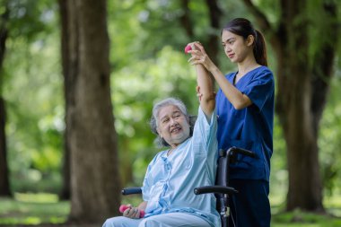 Nurse Assisting Elderly Woman in Wheelchair with Arm Stretch Exercise, Focusing on Rehabilitation and Mobility Improvement clipart