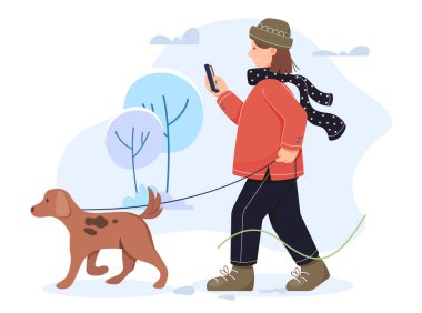 Soğuk kar mevsiminde kadınlar köpeğini gezdiriyor - EPS 10 Arşivi Olarak Stok Resimleri