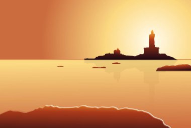 Vivekananda Rock Anıtı ve Thiruvalluvar Heykeli - Kanyakumari Tamilnadu Hindistan - EPS 10 Dosyası Olarak Sunset Silhouette