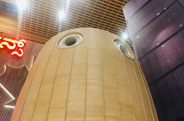 stock image Engineered Bamboo Usage at Domestic Departure Hall of Terminal 2 (T2), Kempegowda International Airport, Bangalore, India - 18th June 2024 as JPG File