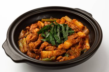 Korean style pork stew on white background