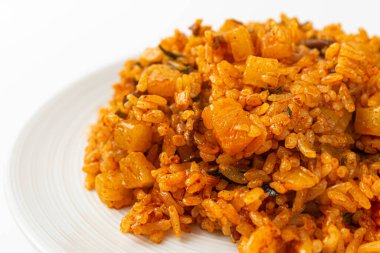 Radish kimchi fried rice on white background