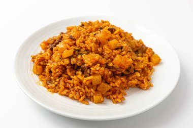 Radish kimchi fried rice on white background