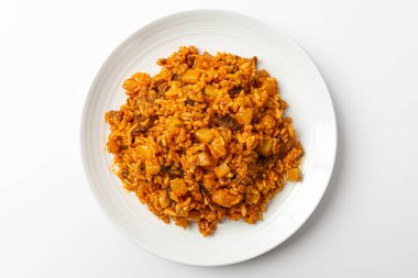 Radish kimchi fried rice on white background