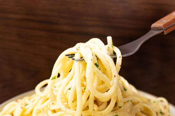 Makaron Aglio Olio Spaghetti Czosnkiem Oliwą Oliwek — Zdjęcie stockowe