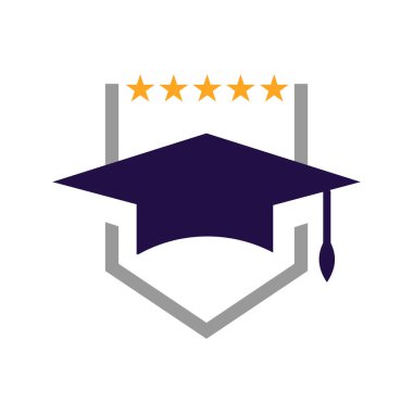 Akademik eğitim logosu akademik tasarım vektörü illüstrasyonu için kalkan ve mezuniyet şapkası kombinasyonu
