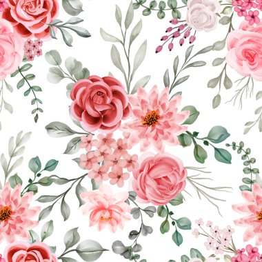 Çiçek kırmızısı ve yaprak yeşili, şeffaf arkaplan ve dikişsiz desen