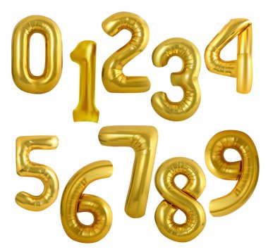 Altın 3d balonlar sayı vektör simgesi. Parlak parlak röfleli lüks metalik matematik yazı tipi. Mücevher tasarımı ve iş sunumlarında zarif dekorasyon için değerli metaller..