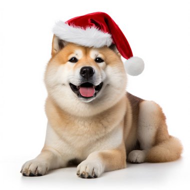 Akita Inu noel şapkası takıyor.