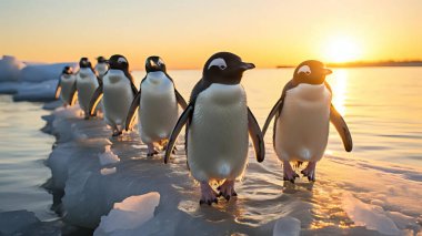 A group of penguins waddling along an icy shoreline clipart