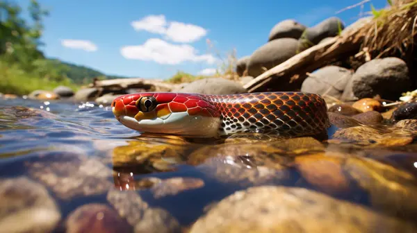 stock image Coral snake gracefully slithering through a shallow stream. 