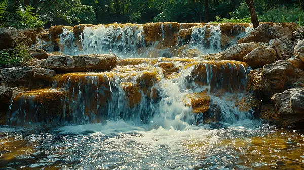 stock image a waterfall with water flowing on large rocks