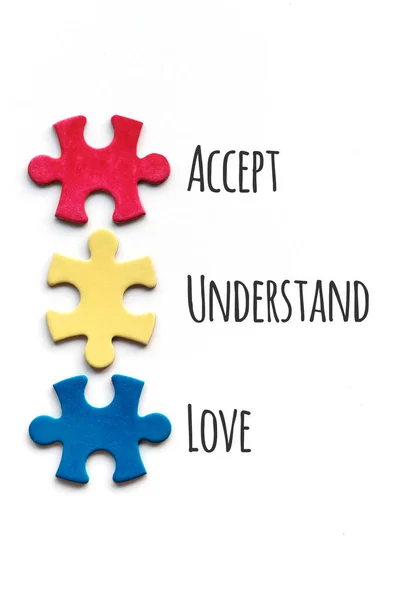 Autisme Bewustmakingscampagne Tekst Accepteren Begrijpen Liefde Als Een Lijst Met — Stockfoto