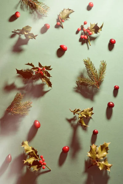 Vánoční Byt Byl Zelený Červený Vánoční Pozadí Přírodními Jedlovými Větvičkami — Stock fotografie