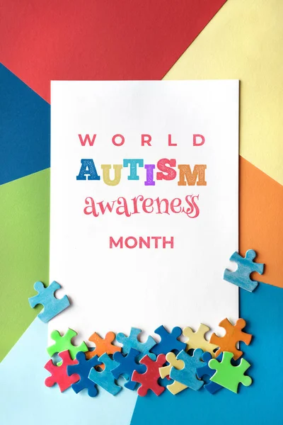 Texto World Autism Awareness Month Marco Con Piezas Rompecabezas Banner — Foto de Stock