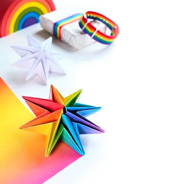 Canlı Neon Gökkuşağı Origami Kağıt Yıldızları Lgbtq Topluluk Gökkuşağı Bayrak — Stok fotoğraf