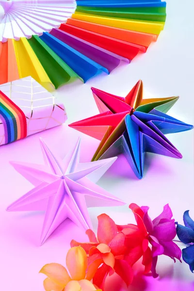 Lebendige Neonregenbogen Origami Papiersterne Lgbtq Community Regenbogenflaggen Farben Handgemachtes Diy — Stockfoto