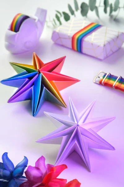 Vibrant Neon Rainbow Origami Paper Stars Lgbtq Community Rainbow Flag — Stock Photo, Image