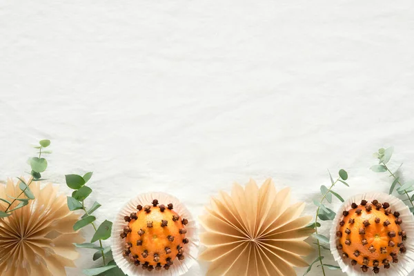Christmas Border Copy Space Fragrant Pomander Balls Handmade Tangerines Cloves — Stock Photo, Image