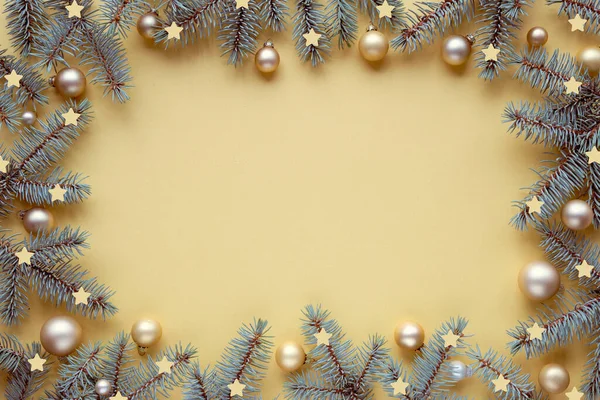 Christmas Frame Fir Twigs Golden Baubles Trinkets Copy Space Place — Stock Photo, Image