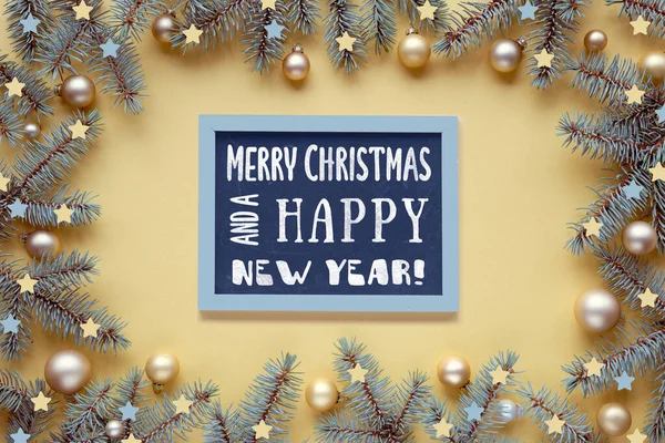 Christmas Frame Fir Twigs Golden Baubles Trinkets Caption Text Greeting — Stock Photo, Image