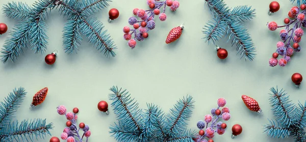 Christmas Banner Fir Twigs Frosted Red Berries Trinkets Top View — Stock Photo, Image