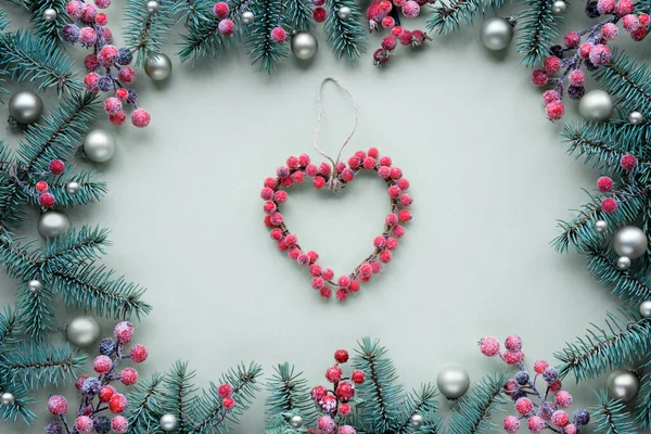 Christmas Heart Wreath Made Berries Frame Fir Twigs Frosted Red — Stock Photo, Image