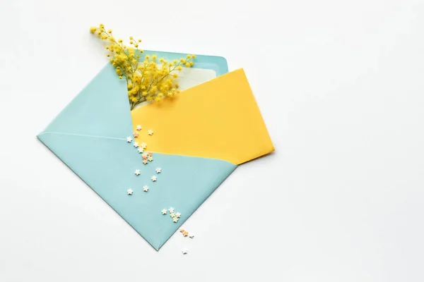 空白黄纸卡片 淡淡的油花在薄荷蓝色信封的白色背景上 自然春天装饰成两种颜色 顶视图 中央构图 极小的装饰 — 图库照片