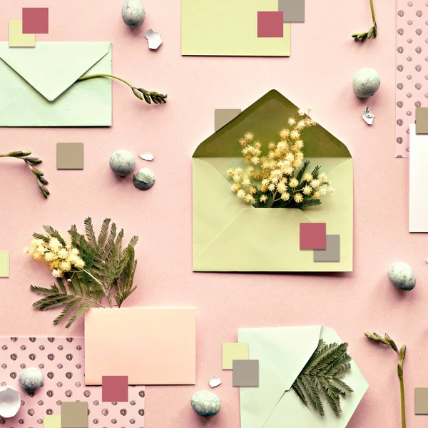 Easter Background Mimosa Freesia Flowers Quail Eggs Mint Green Envelopes — Photo