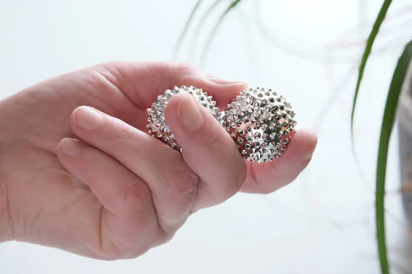 Silver Metal Magnetic Balls Spiky Tool Hand Massage Therapy Tool — Stock Photo, Image