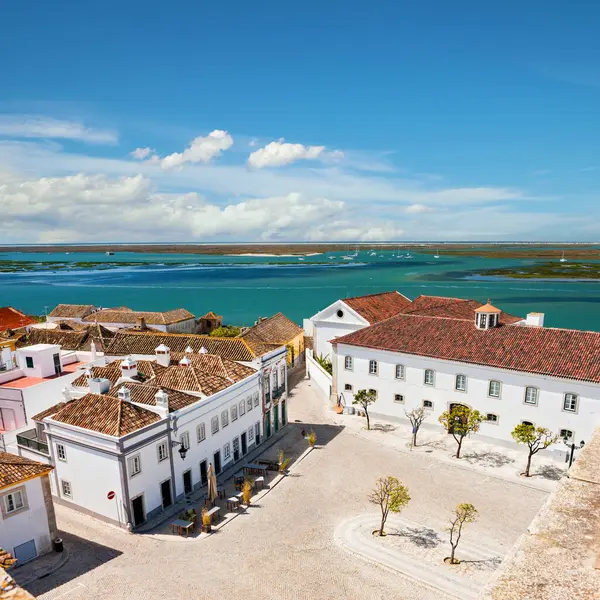 Algarve South Portugal Aerial View Historical Village Sea Church Tower — Stock Photo, Image